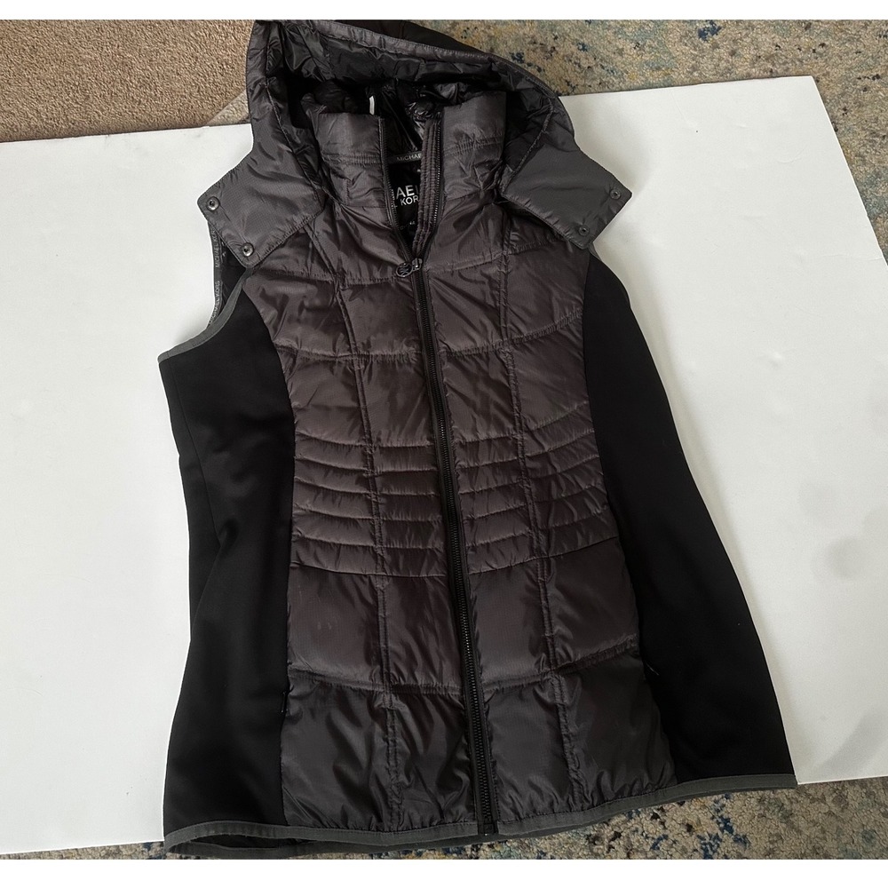 Michael Michael Kors Hooded Puffer Vest Black Charcoal Mixed Media Down‎ Fill L
